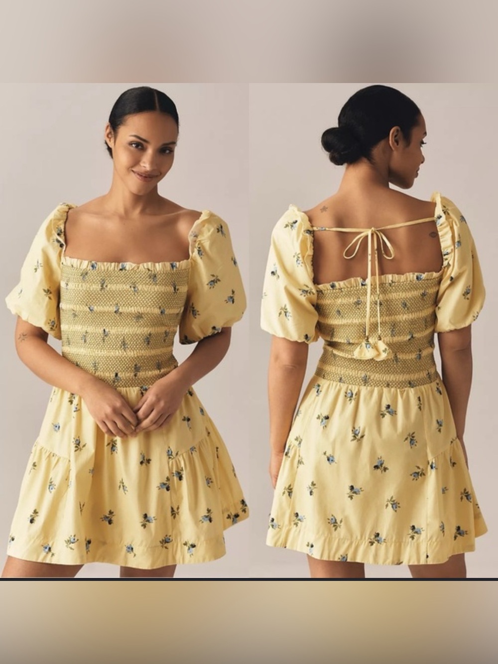 Anthropologie Yellow Floral Smocked Puff-Sleeve Mini Dress